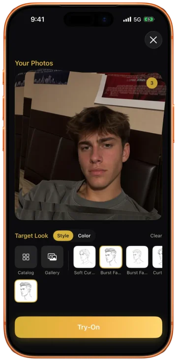 Glancely AI try-on screen with a user's selfie at the top and a Target Look picker below — Style and Color tabs, plus shortcuts to the Catalog, your Gallery, and saved style references — and a large Try-On action button.